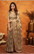 Dark Beige Silk Woven Embroidery Stone Work Embellished Saree