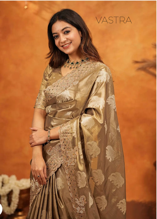 Dark Beige Silk Woven Embroidery Stone Work Embellished Saree