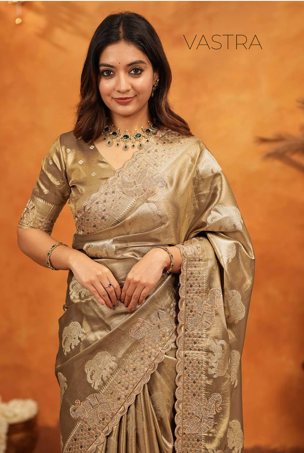 Dark Beige Silk Woven Embroidery Stone Work Embellished Saree