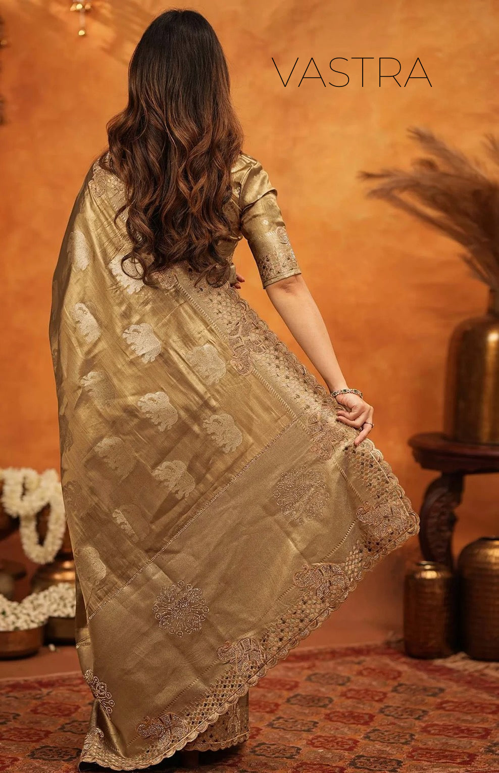 Dark Beige Silk Woven Embroidery Stone Work Embellished Saree