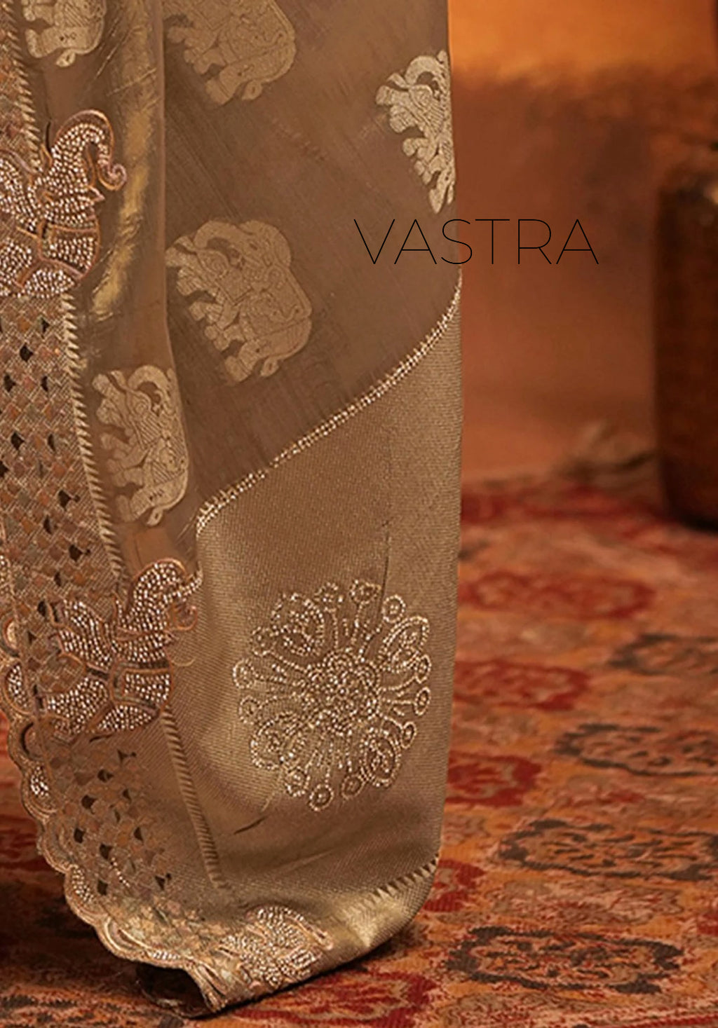 Dark Beige Silk Woven Embroidery Stone Work Embellished Saree