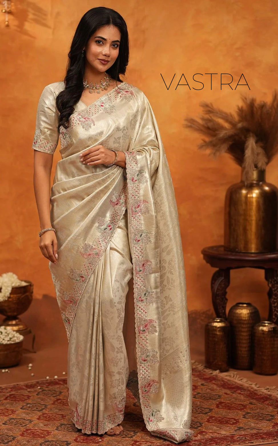 Beige Silk Woven Embroidery Stone Work Embellished Saree