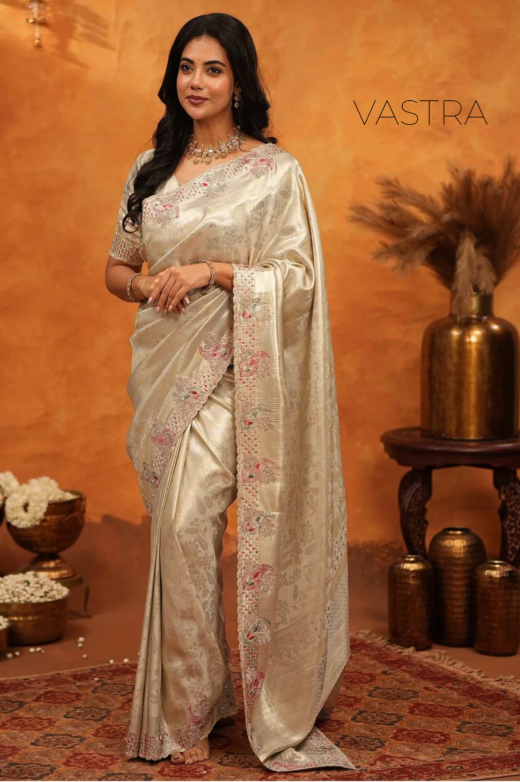 Beige Silk Woven Embroidery Stone Work Embellished Saree