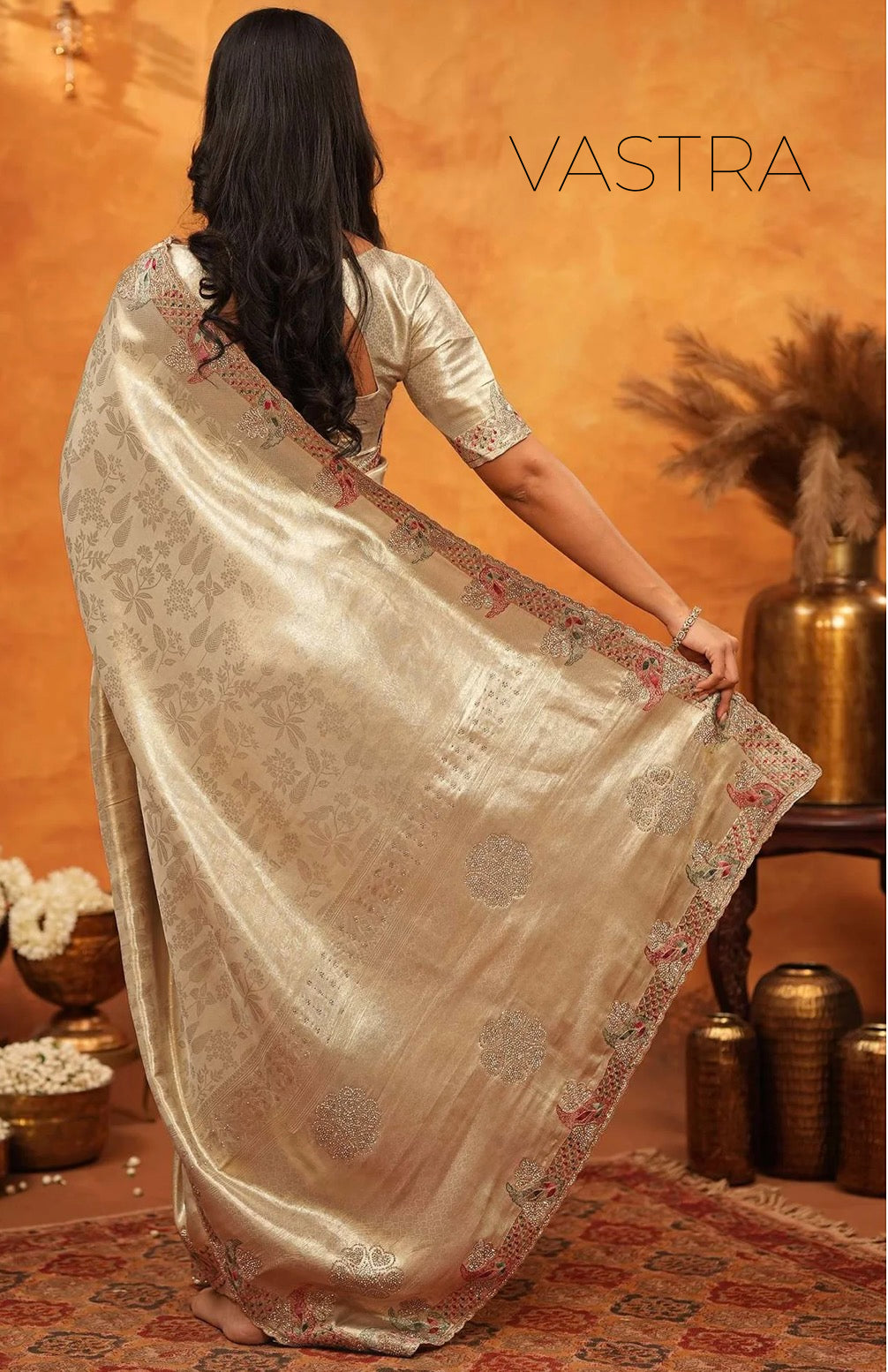 Beige Silk Woven Embroidery Stone Work Embellished Saree