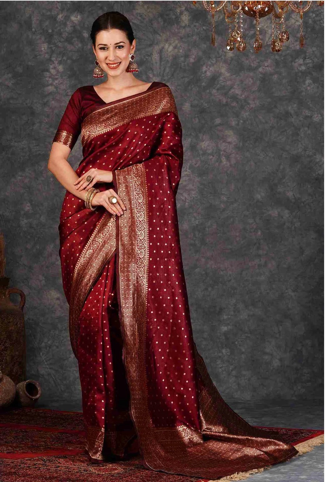 Maroon Silk Woven Banarasi Saree