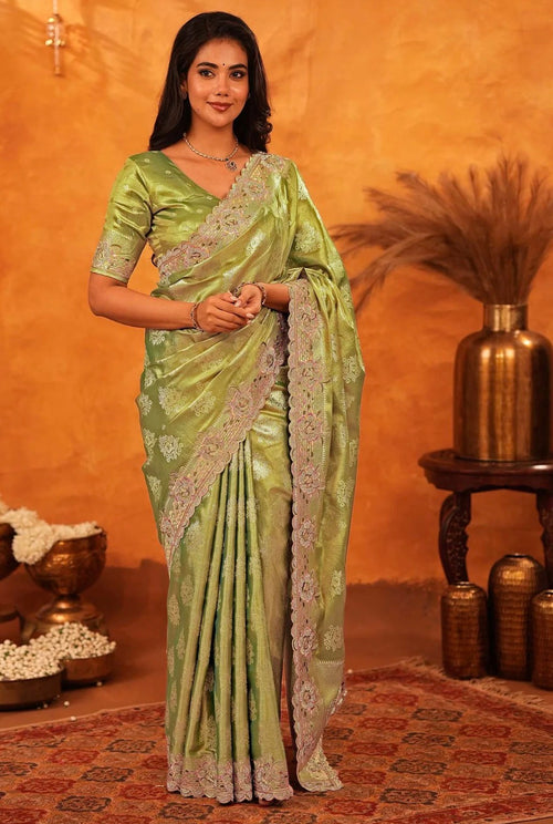 Beige Silk Woven Embroidery Stone Work Embellished Saree