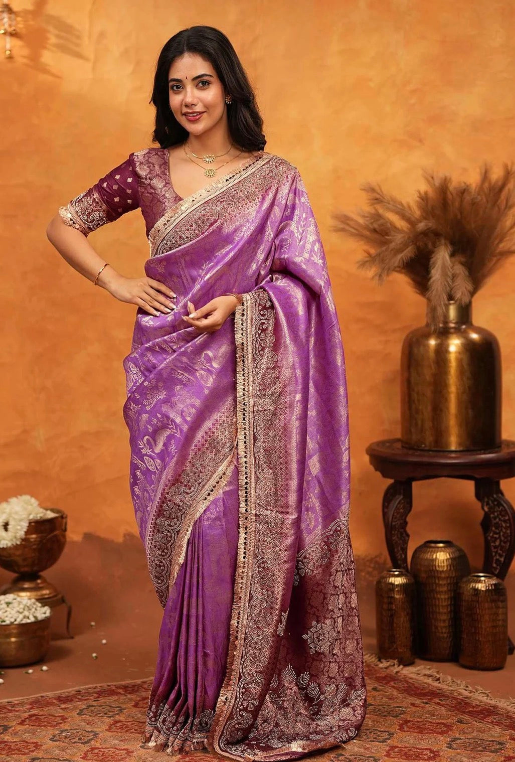 Beige Silk Woven Embroidery Stone Work Embellished Saree