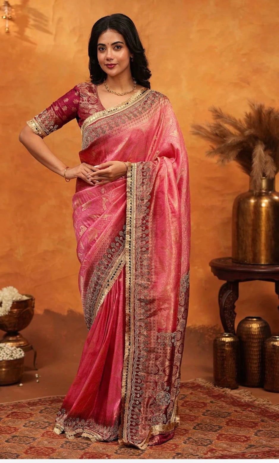 Beige Silk Woven Embroidery Stone Work Embellished Saree