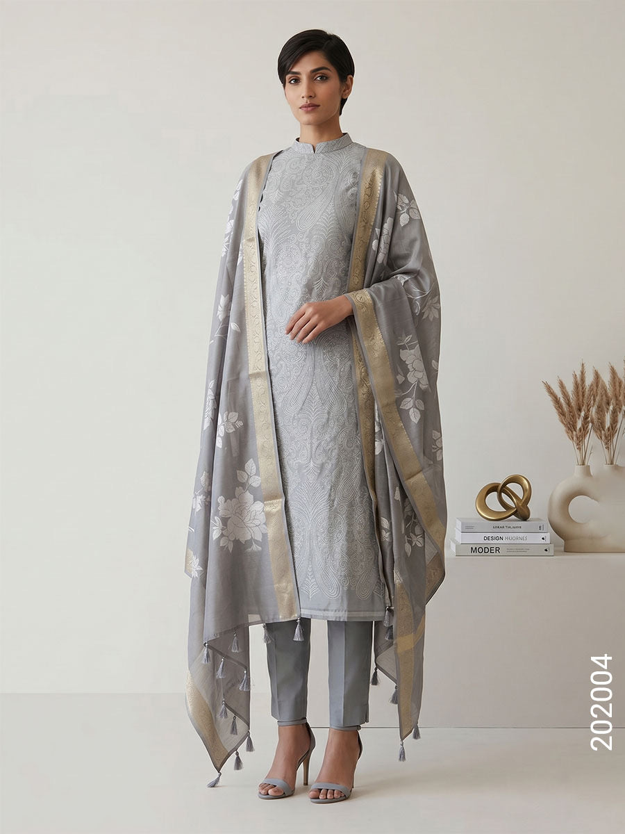 CHANDERI DESIGNER FLORAL WORK BANARASI SUIT WITH CHANDERI DUPATTA